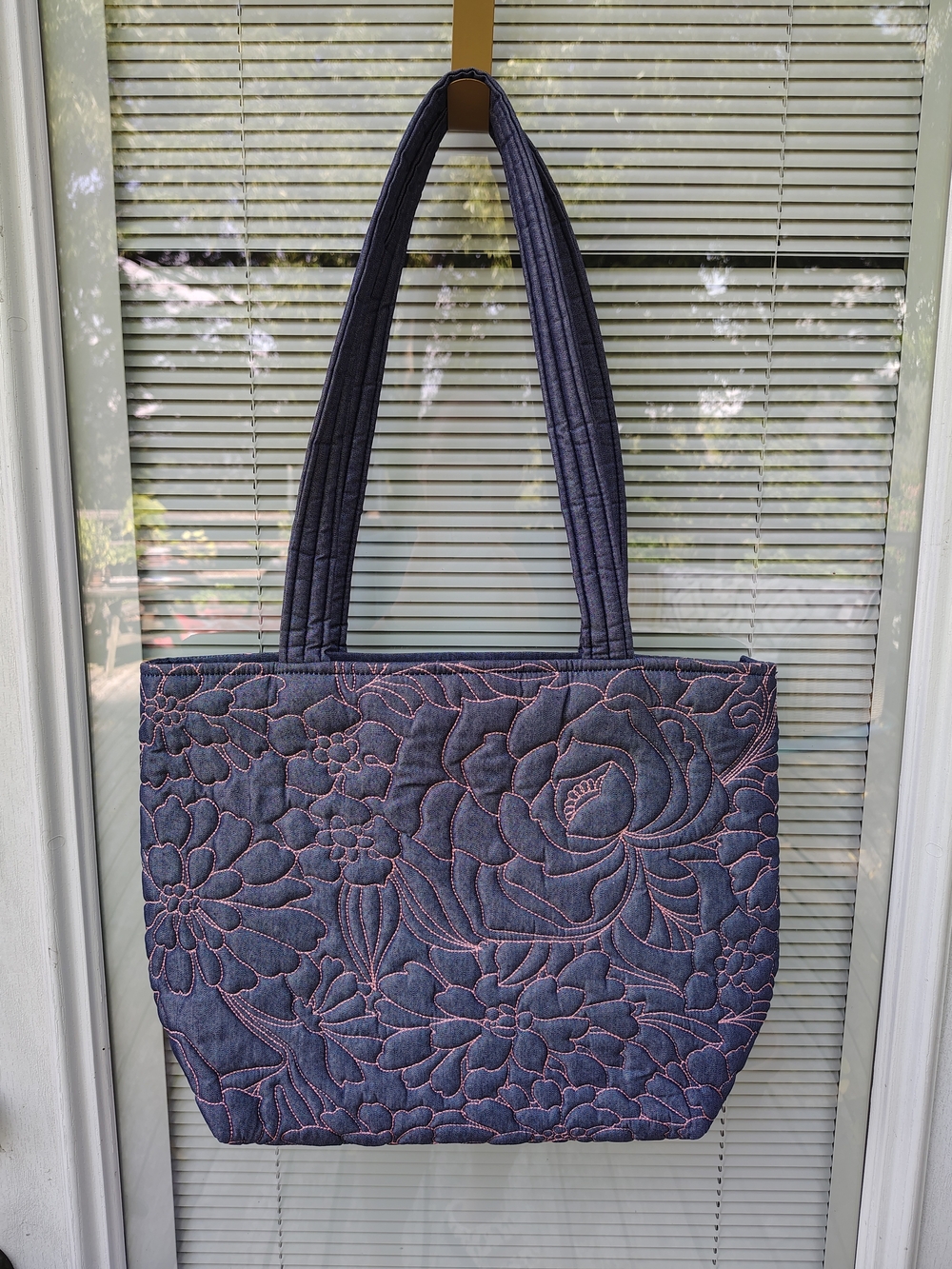 Quilted Vera Bradley Chambray Tote Floral M with Peach/Pink Contrast Stitching
